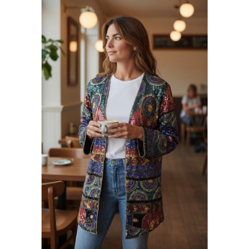90s Rainbow SILK Bejeweled  Sequins Jacket Art to Wear MED Gatsby Blinky